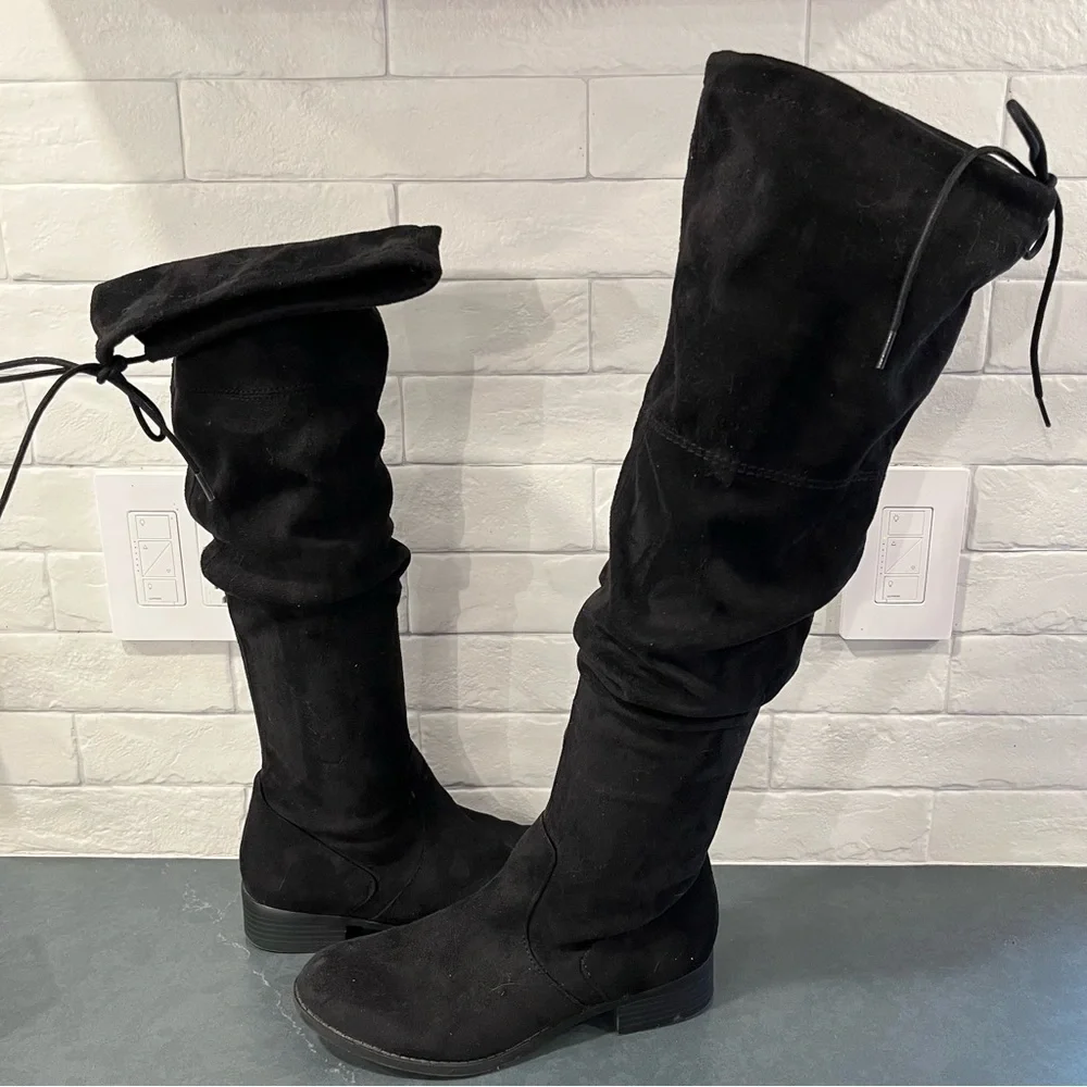 ANA sz 7 Pixie black vegan micro suede OTK boots